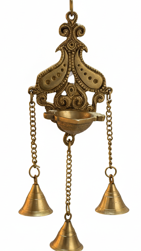 Handcrafted Brass Hanging Diya with Triple Bells