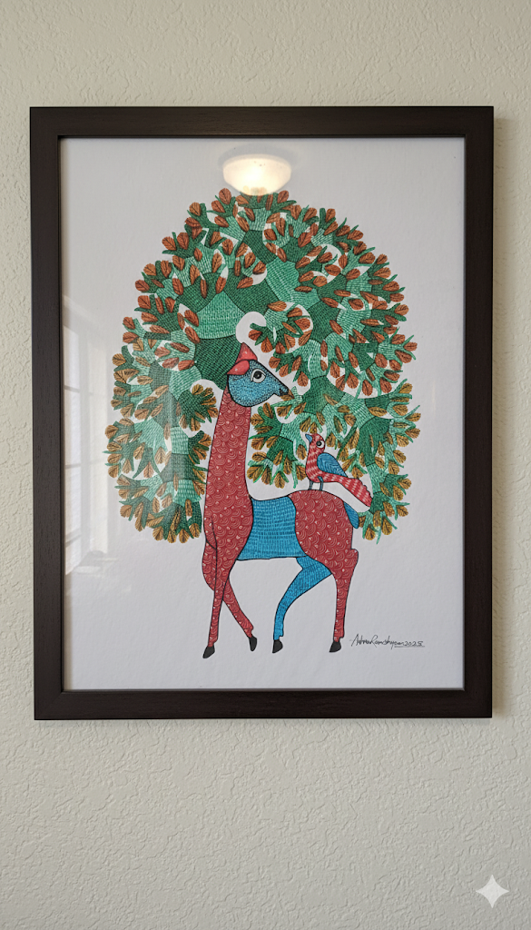 Handcrafted Folk Art Wall Frame – Graceful Deer Under the Tree