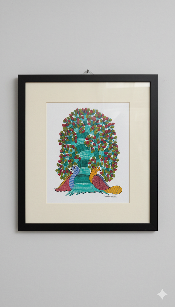 Tree of Life Folk Art Painting with Birds – Premium Frame