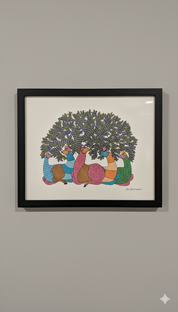 Handcrafted Folk Art Tree with Birds – Framed Wall Artwork