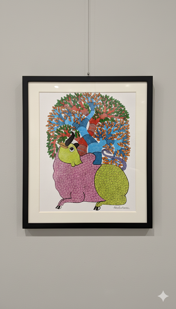 Sacred Bull Beneath the Tree – Contemporary Folk Art Painting