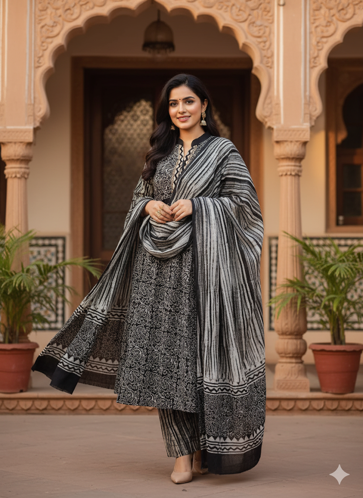 Classic Black & Ivory Ethnic Printed Kurta Set with Dupatta