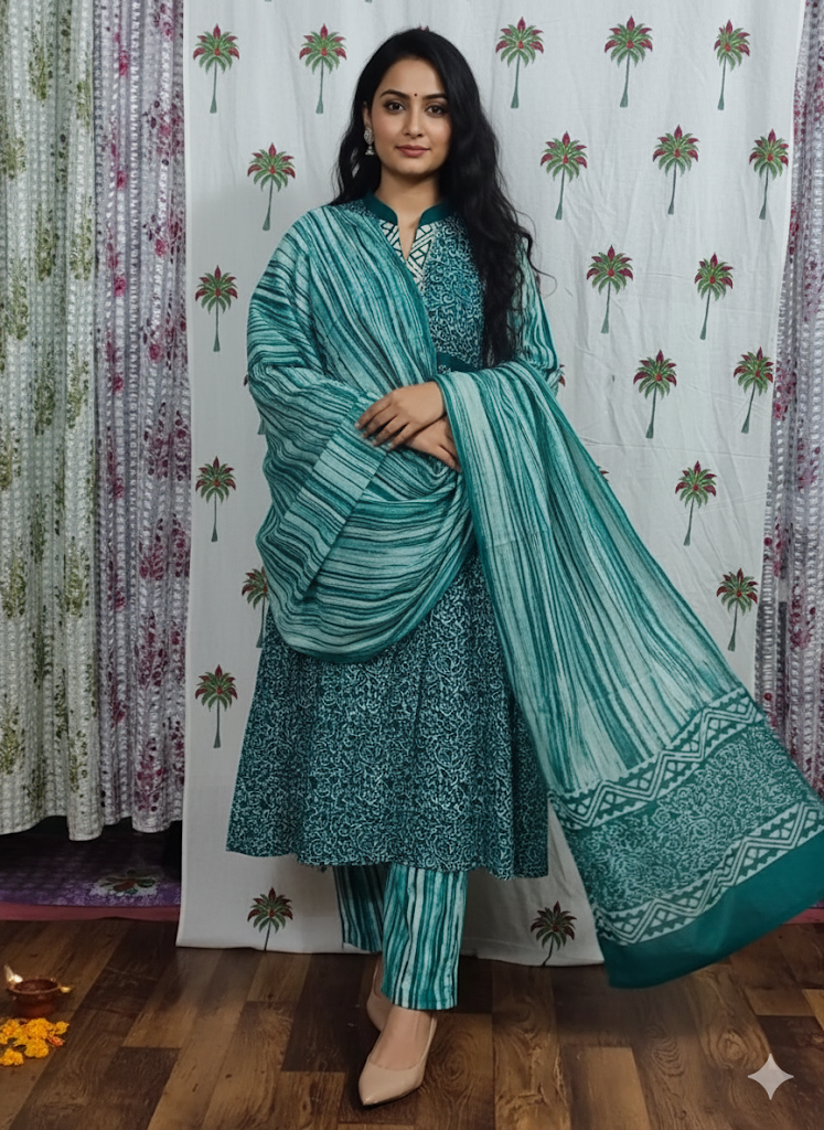 Teal Green Ethnic Printed Kurta Set with Dupatta