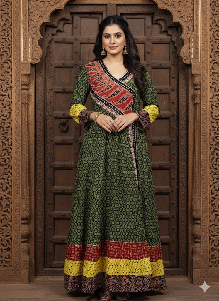Olive Green Ethnic Printed Anarkali Kurta