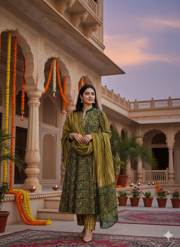 Forest Green Ethnic Printed Kurta Set with Dupatta