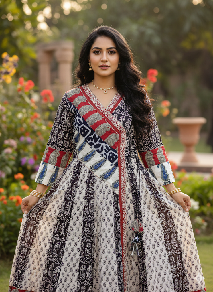 Ivory & Indigo Patchwork Printed Anarkali Kurta
