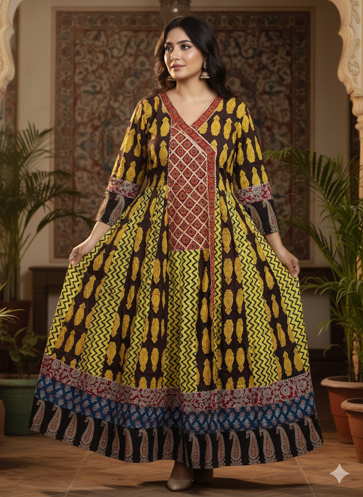 Mustard & Coffee Brown Ethnic Printed Anarkali Kurta