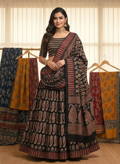 Classic Black Ethnic Printed Lehenga Set with Dupatta
