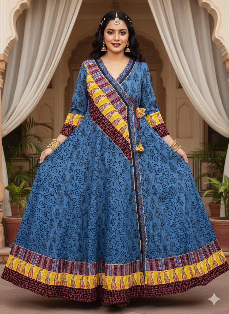 Royal Blue Ethnic Printed Wrap-Style Anarkali Kurta