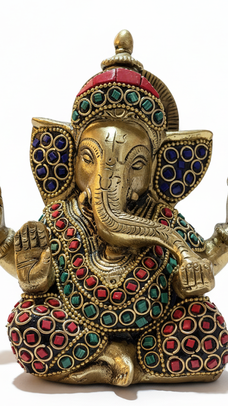 Handcrafted Brass Lord Ganesha Statue with Stone Inlay Work