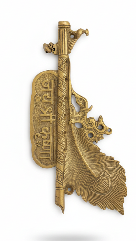Brass Krishna Flute & Peacock Feather Wall Hanging